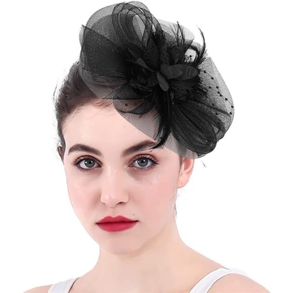 Elegant Black Mesh Flower Fascinator with Beads & Feathers Headband Style - Picture 2 of 8